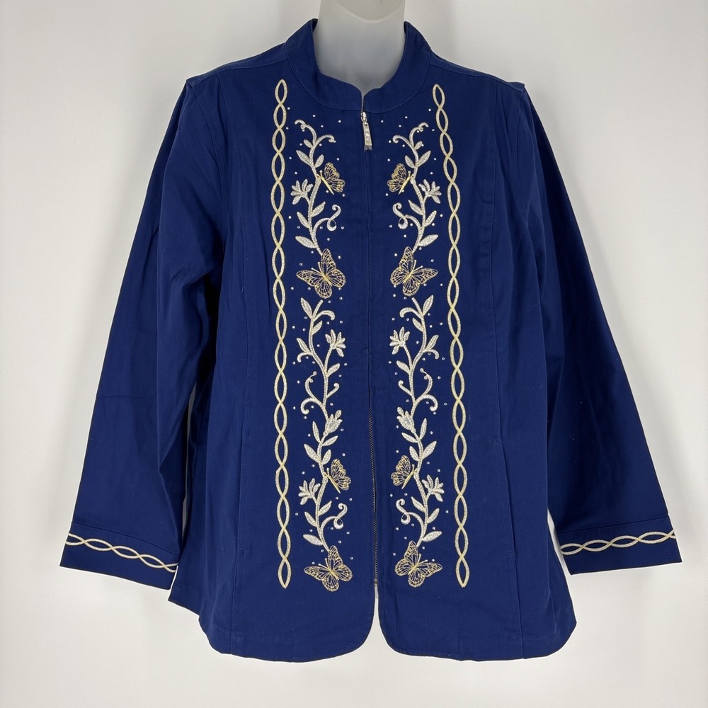 Quacker Factory Garden Fantasy Zip‎ Front Mandarin Collar Jacket Size L Blue